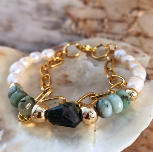 Natural Green Emerald & Freshwater Pearls In Paperclip Necklace And Bracelet - Picture 10 of 11